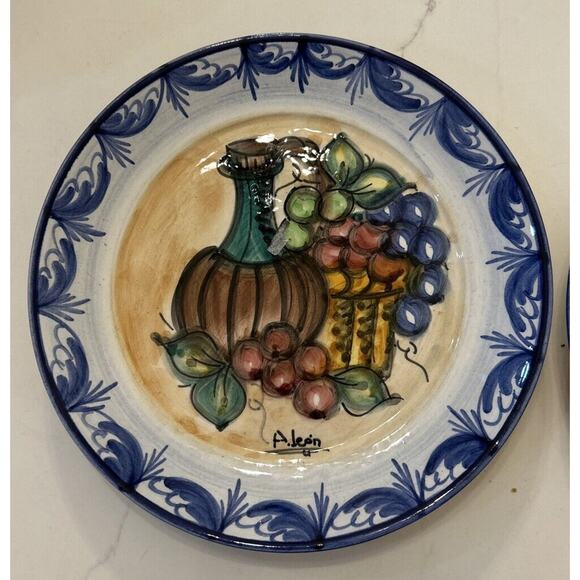 Blue & White wall Fruit Wine Plates‎ 8” Chinoiserie Kitchen Hand painted Signed - Picture 2 of 9